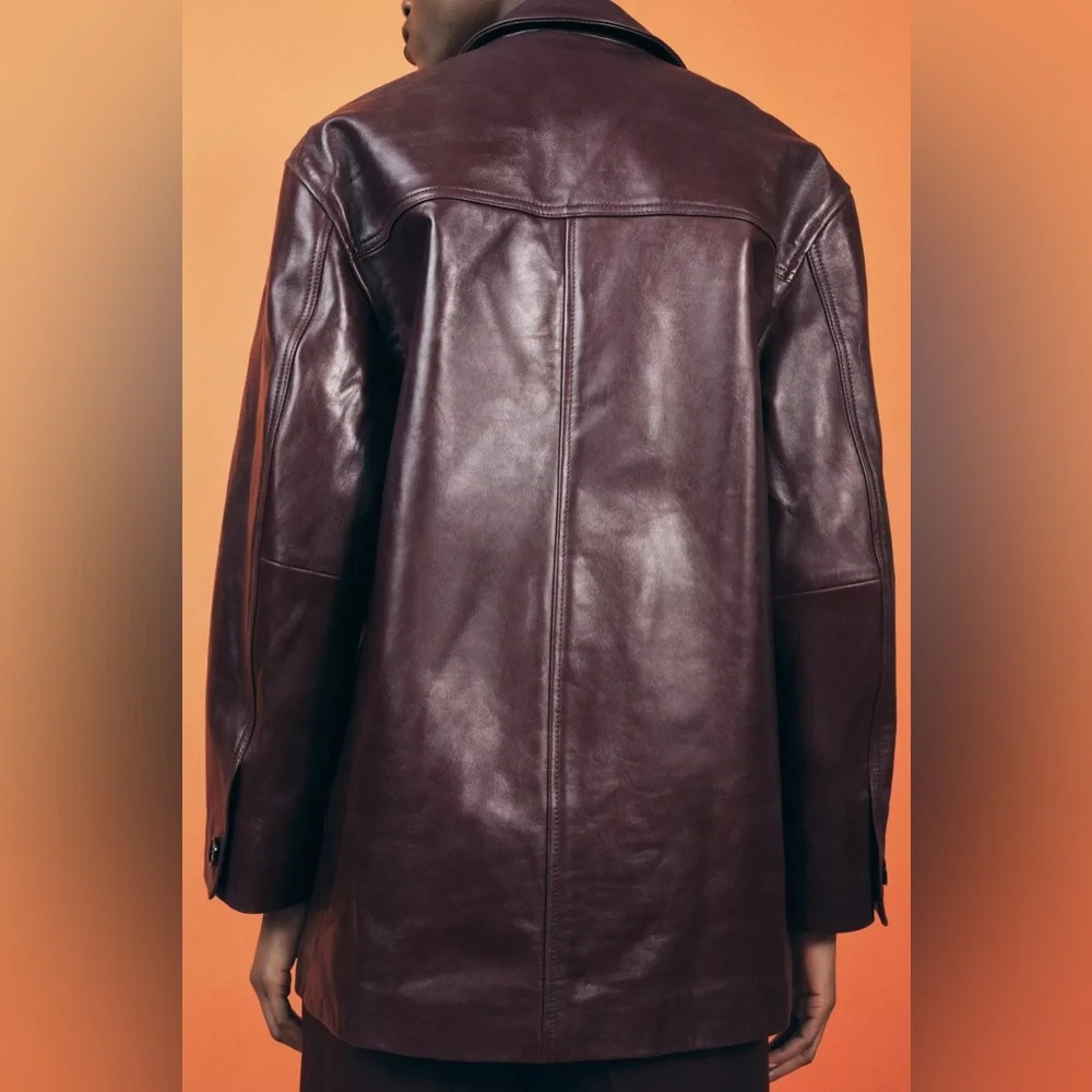 ZARA $349 100% Sheep Leather Burgundy Button Down Womens Jacket M